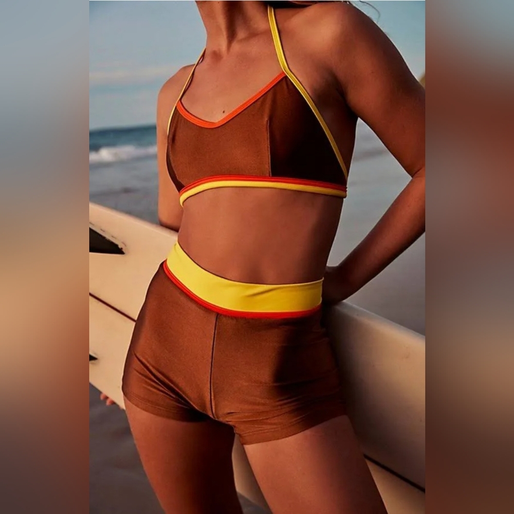 NWT $148 Free People Atmosea Sunset Surf Swim Set, 2 Piece - Brown & Yel… - Picture 9 of 16